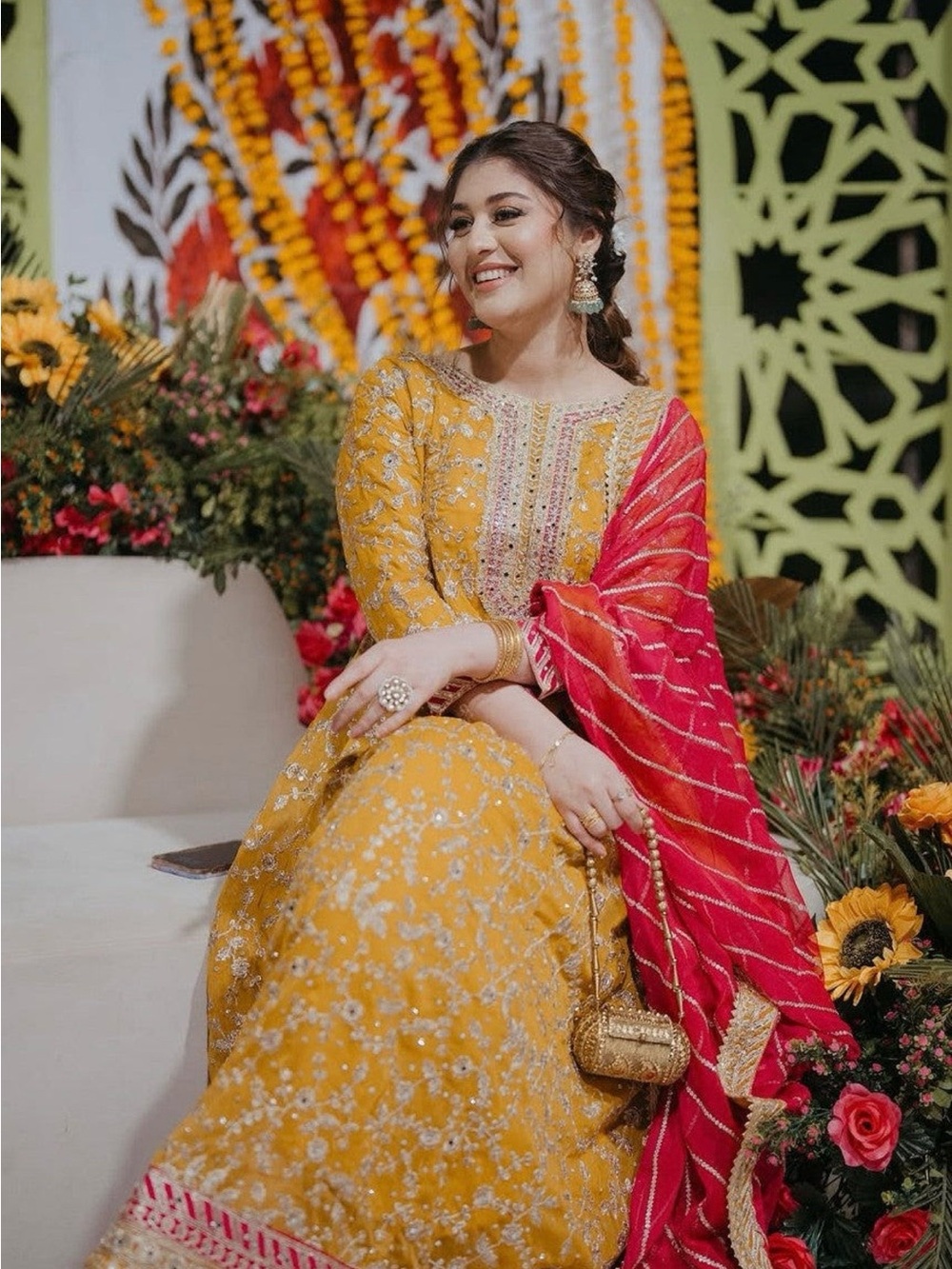 Embellished Mustard Yellow Long-Sleeve Dress with Contrasting Pink Dupatta